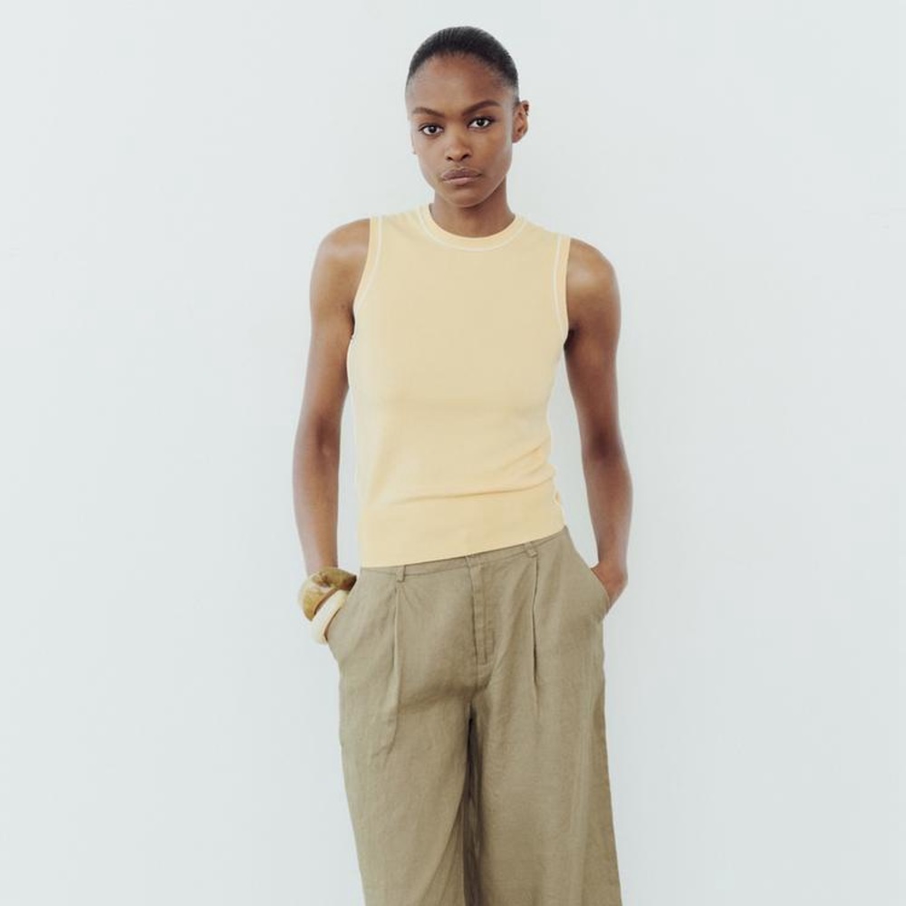 NWT Zara Basic Knit Top with Contrast Piping in Butter Yellow - XL